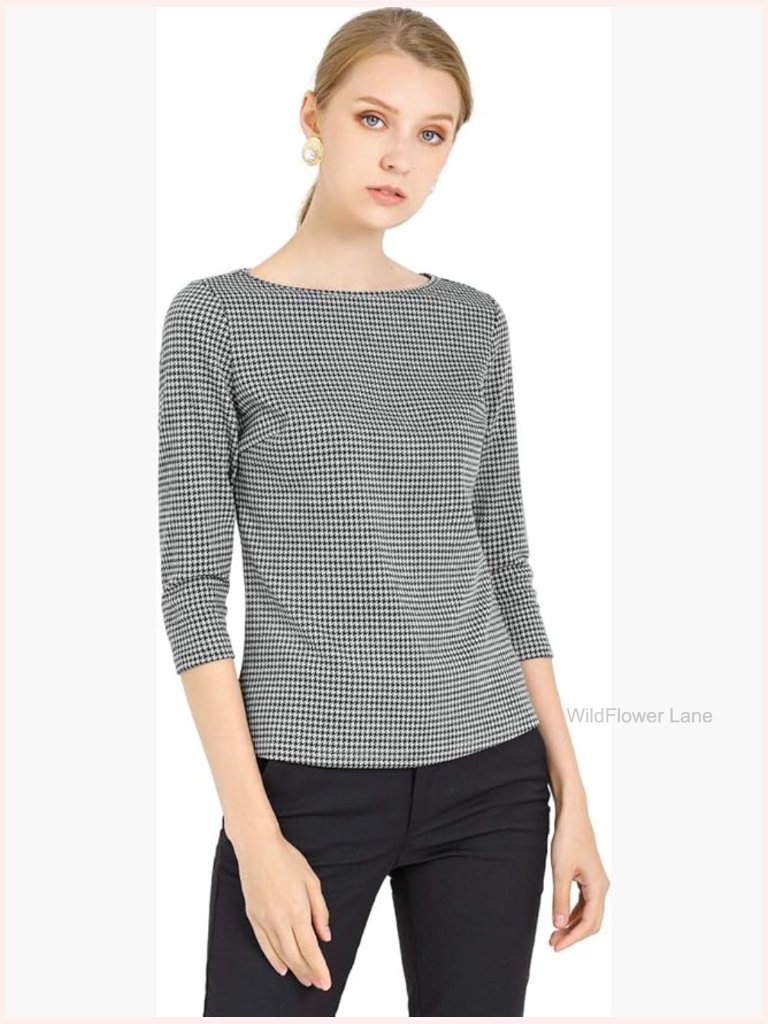 Women's Houndstooth Plaid Blouse Boat Neck 3/4 Sleeve Work Top